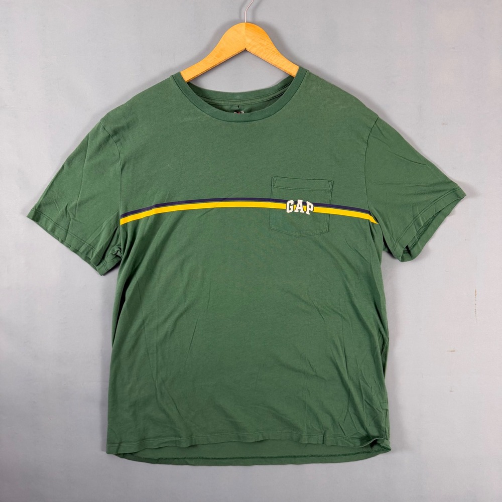 GAP Men's XL Green Striped Logo Pocket T Shirt Short Sleeve Crewneck Retro